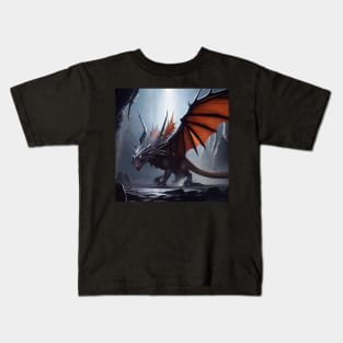 Evil Black Dragon with Red Wings in a Cave Kids T-Shirt